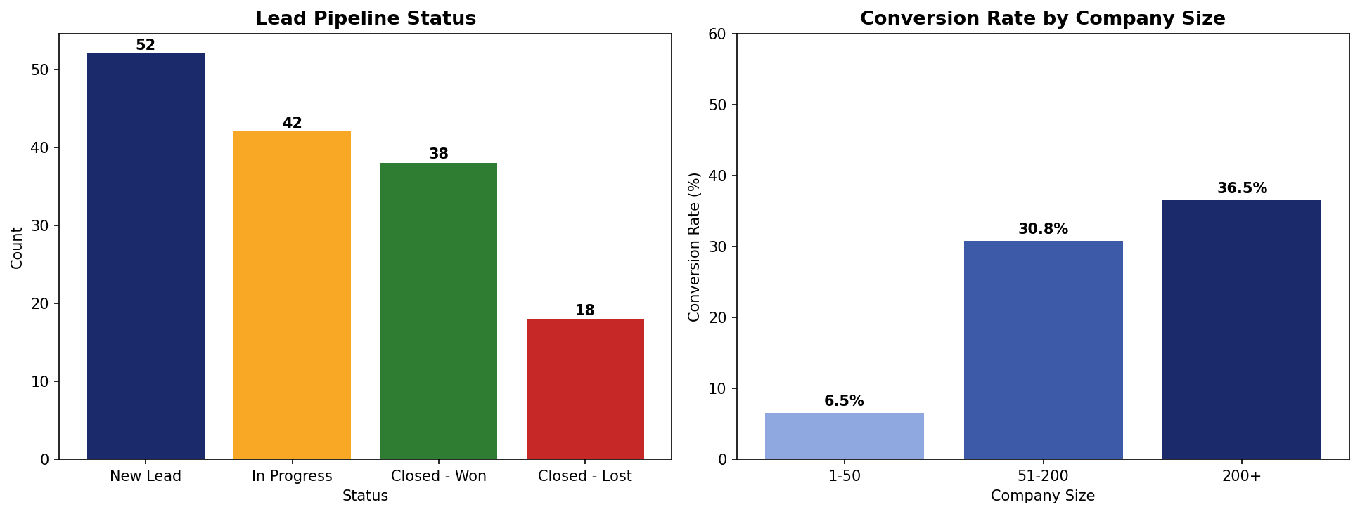 Lead pipeline status and conversion rate by company size